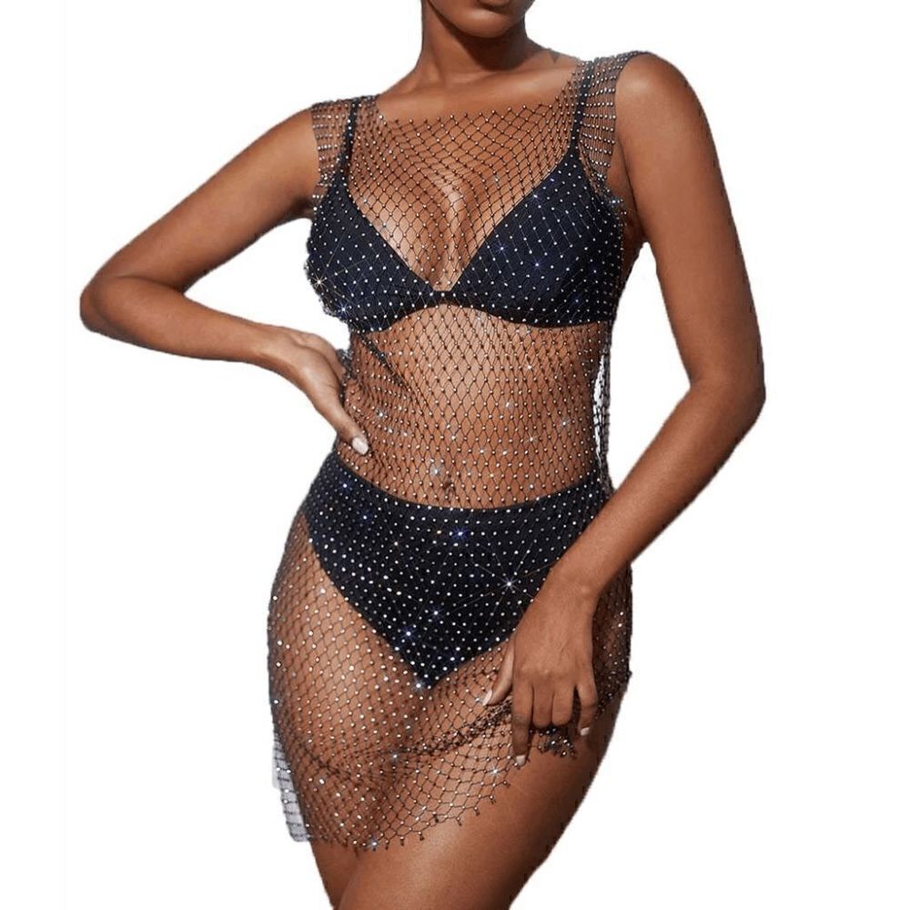 ✨ Rhinestone Crystal Diamond Fishnet Mesh Sheer Party Cover Up Dress L NWT